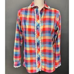 vintage women's medium plaid multicolor white lace trim button down long sleeve